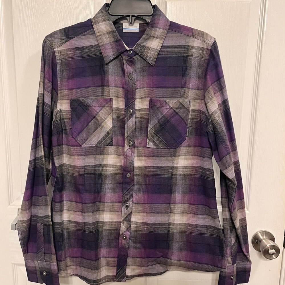 Columbia Sportswear Womens Purple Plaid Long Sleeve Cotton Button Down Shirt L